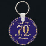 70th Birthday Party Navy Blue and Gold Glitter Key Ring<br><div class="desc">70th Birthday Party Navy Blue and Gold Glitter Frame Keychain. For further customisation,  please click the "Customise it" button and use our design tool to modify this template.</div>