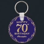 70th Birthday Party Navy Blue and Gold Glitter Key Ring<br><div class="desc">70th Birthday Party Navy Blue and Gold Glitter Frame Keychain. For further customisation,  please click the "Customise it" button and use our design tool to modify this template.</div>