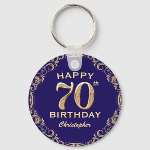 70th Birthday Party Navy Blue and Gold Glitter Key Ring