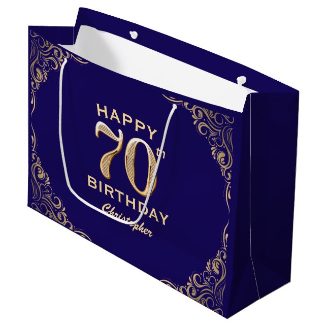 70th Birthday Party Navy Blue and Gold Glitter Large Gift Bag (Front Angled)