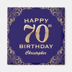 70th Birthday Party Navy Blue and Gold Glitter Magnet