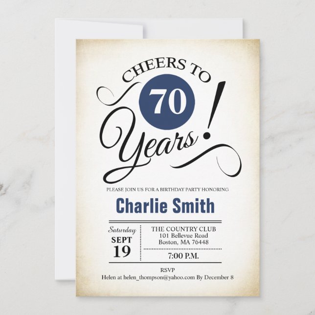 70th Birthday Party - Navy Blue Black White Invitation (Front)