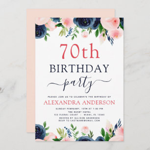 70th Birthday Party Navy Blue Blush Pink Floral Invitation