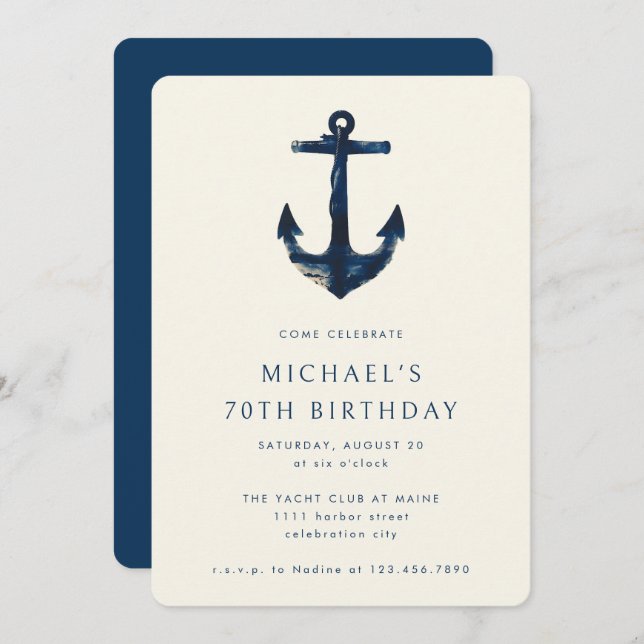 70th Birthday Party Navy Blue Nautical Anchor Invitation (Front/Back)