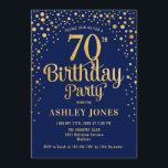 70th Birthday Party - Navy & Gold Invitation<br><div class="desc">70th Birthday Party Invitation.
Elegant design in navy blue and faux glitter gold. Features stylish script font and confetti. Message me if you need custom age.</div>
