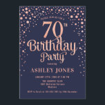 70th Birthday Party - Navy & Rose Gold Invitation<br><div class="desc">70th Birthday Party Invitation.
Elegant design in navy blue and faux glitter rose gold. Features stylish script font and confetti. Message me if you need custom age.</div>