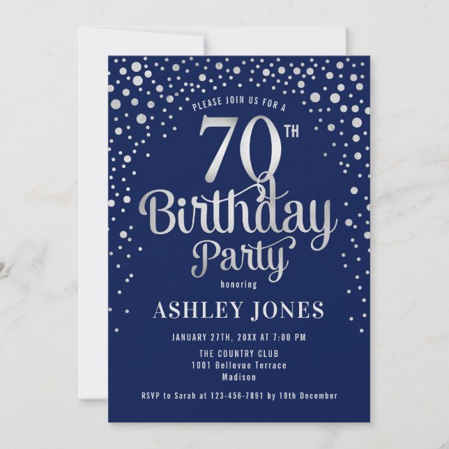70th Birthday Party - Navy & Silver Invitation (Front)