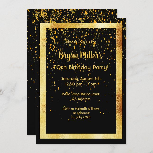 70th birthday party on black with faux gold frame invitation (Front/Back)