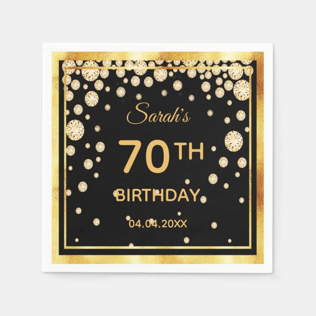 70th birthday party on black with golden diamonds napkin (Front)