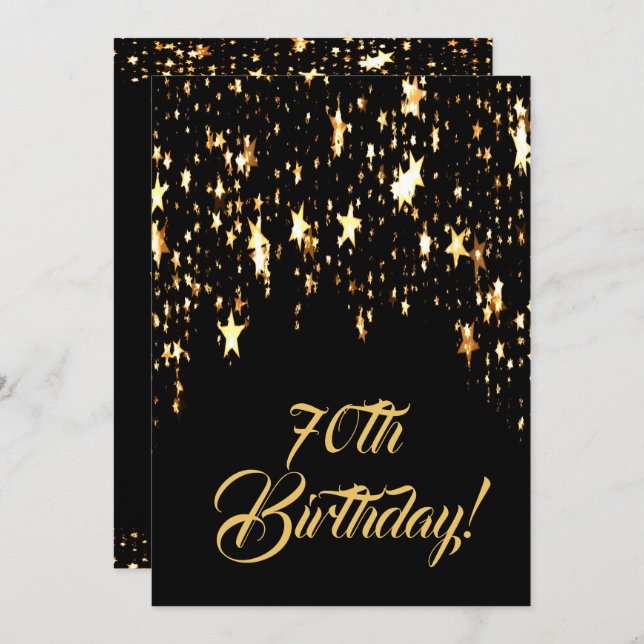 70th birthday party on black with shining stars invitation (Front/Back)