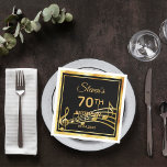 70th birthday party on classic black gold music napkin<br><div class="desc">A napkin for an elegant black and gold themed 70th birthday party. Black background colour and a faux gold frame. With classic swirl decor and golden music notes. Templates for a name, age and date of the party. The background is transparent so you can change the colour to match your...</div>