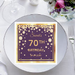 70th birthday party on purple with golden diamonds napkin<br><div class="desc">A napkin for an elegant purple and gold 70th birthday party. Templates for a name, age and date of the party. Golden coloured letters. Purple background colour and a faux gold frame. With glamourous faux golden diamonds. (no real diamonds) The background is transparent so you can change the colour to...</div>