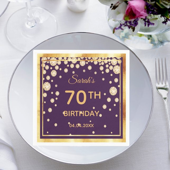 70th birthday party on purple with golden diamonds napkin (Creator Uploaded)