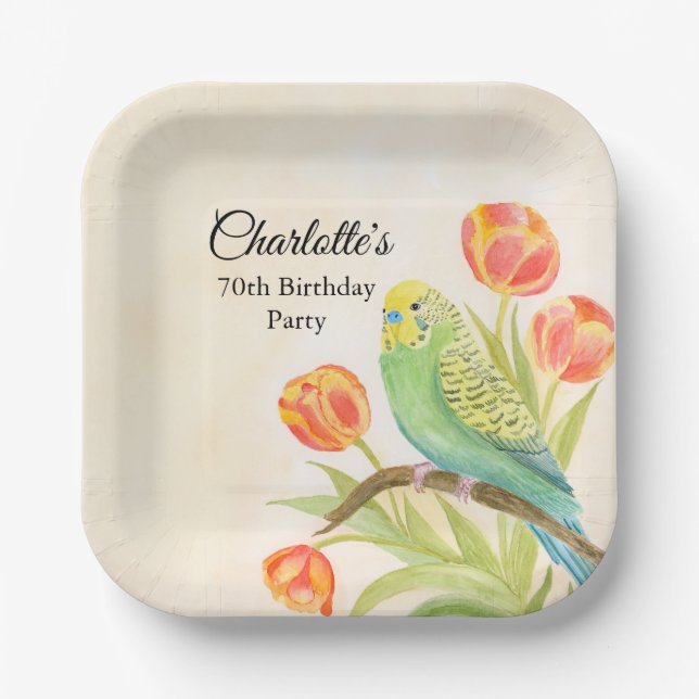 70th Birthday Party Parakeet with Tulips  Paper Plate (Front)