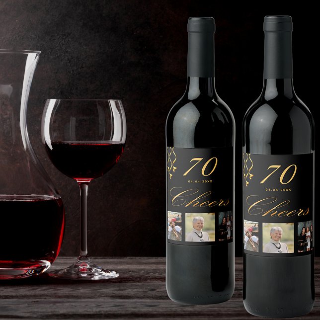 70th birthday party photo black gold cheers script wine label (Creator Uploaded)