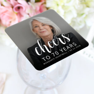 70th Birthday Party Photo Cheers White Script Square Paper Coaster