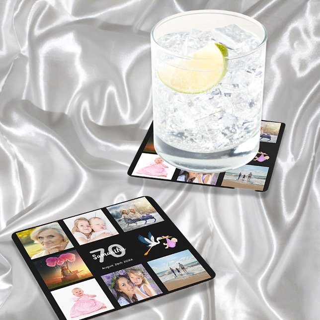 70th birthday party photo collage black square paper coaster (Creator Uploaded)