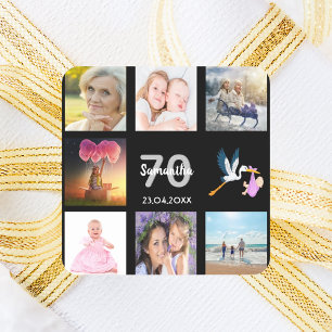 70th birthday party photo collage black square sticker