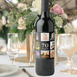 70th birthday party photo collage guy black wine label<br><div class="desc">A wine bottle label for a 70th birthday party for a guy,  celebrating his life with a collage of 8 of your own photos.  Templates for a name,  age 70 and a date.  Date of birth or the date of the party.  White coloured letters.  Black background.</div>