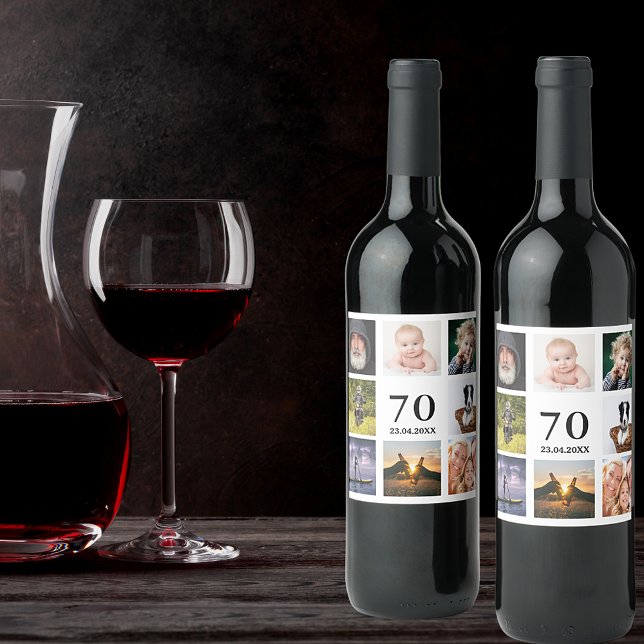 70th birthday party photo collage guy wine label (Creator Uploaded)