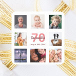 70th birthday party photo collage square sticker<br><div class="desc">A sticker for a girly 70th birthday party,  celebrating her life with a collage of 8 of your photos.  Templates for a name,  age 70 and a date.  Date of birth or the date of the party.  Coral and burgundy coloured letters.  White background.</div>