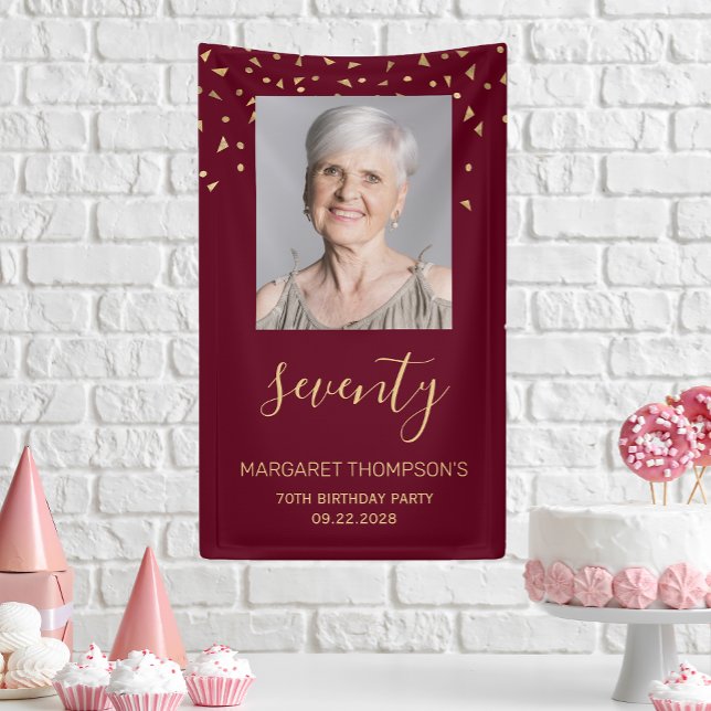 70th Birthday Party Photo Gold Confetti Burgundy Banner (Creator Uploaded)