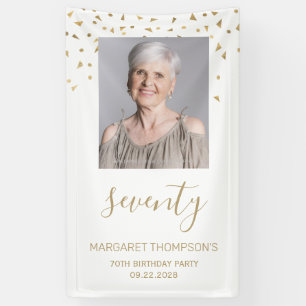 70th Birthday Party Photo Gold Confetti White Banner