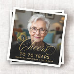 70th Birthday Party Photo Gold Script Cheers  Napkin<br><div class="desc">Elevate your celebration with these 70th Birthday Party Photo Gold Script Cheers Napkins. Designed with an elegant gold script and a personalised photo, these napkins add a sophisticated touch to your special occasion. Perfect for a stylish and memorable 70th birthday party, they complement any table setting with a luxe and...</div>