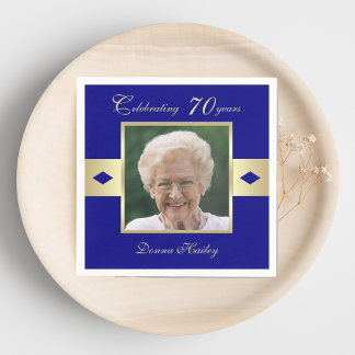 70th Birthday Party Photo on Navy Blue Paper Napkin