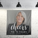 70th Birthday Party Photo White Script Cheers Tapestry<br><div class="desc">This custom 70th birthday tapestry features the guest of honour's personalised photo,  name,  and birthday,  along with the word "Cheers" in elegant white calligraphy script. A dark screen helps make the text pop. A great way to celebrate someone who's turning seventy!</div>