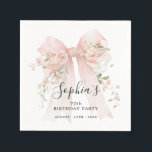 70th Birthday Party Pink Bow with Roses Cocktail Napkin<br><div class="desc">Blush pink watercolor coquette bow is decorated with roses and sage green greenery.</div>