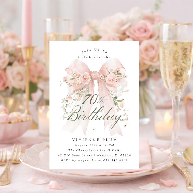 70th Birthday Party Pink Coquette Bow Rose Floral Invitation (Creator Uploaded)