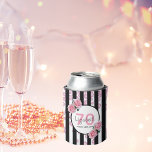 70th birthday party pink florals stripes glam can cooler<br><div class="desc">A can cooler for a glamorous 70th birthday party. Classic slim black and white vertical stripes as background and decorated with pink faux diamonds. With girly, feminine and romantic pink roses as decoration. A white and black frame on front with template for age, name and date. Age number 70 in...</div>