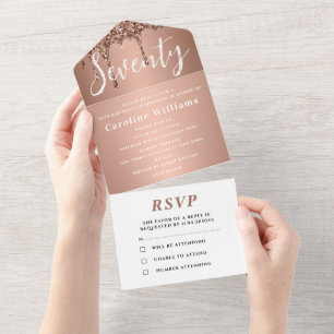 70th Birthday Party Pink Mauve Glitter Drip Modern All In One Invitation