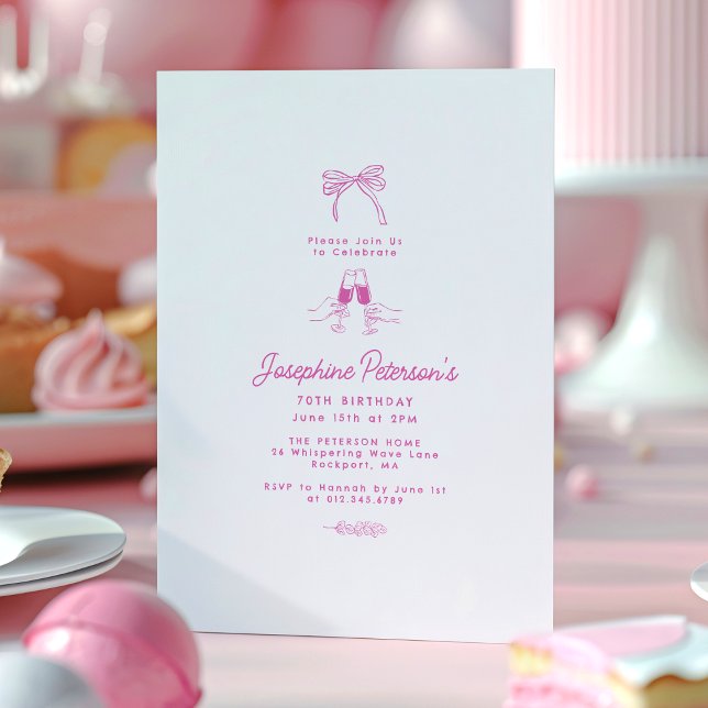 70th Birthday Party Pink Whimsical Dainty Doodle  Invitation (Creator Uploaded)