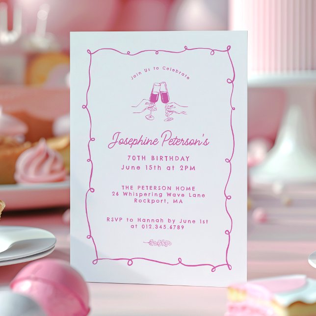 70th Birthday Party Pink Whimsical Doodle  Invitation (Creator Uploaded)
