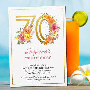 70th Birthday Party Pretty Floral Gold Number 70 Invitation