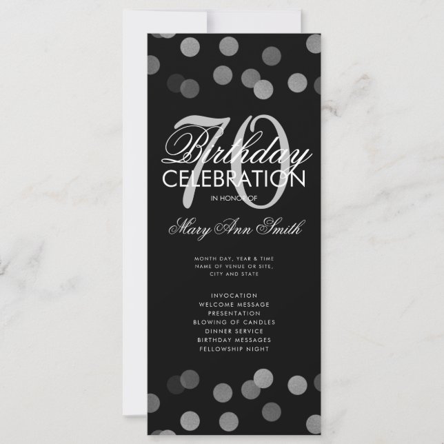 70th Birthday Party Program Silver Confetti Menu Invitation (Front)