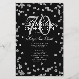 70th Birthday Party Program Silver Glitter w/ Menu