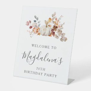 70th Birthday Party Pumpkin Fall Flower Welcome Pedestal Sign