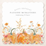 70th Birthday Party Pumpkin Wildflower Custom Paper Coaster<br><div class="desc">Fall pumpkins are nestled in delicate golden yellow and orange wildflowers to create an elegant aesthetic. All of the text is editable so you can easily craft your own special mood.</div>