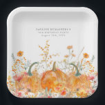 70th Birthday Party Pumpkin Wildflower Custom Paper Plate<br><div class="desc">Fall pumpkins are nestled in delicate golden yellow and orange wildflowers to create an elegant aesthetic. All of the text is editable so you can easily craft your own special mood.</div>