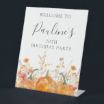 70th Birthday Party Pumpkin Wildflower Welcome Pedestal Sign<br><div class="desc">Fall pumpkins are nestled in delicate golden yellow and orange wildflowers to create an elegant aesthetic. All of the text is editable so you can easily craft your own special mood.</div>