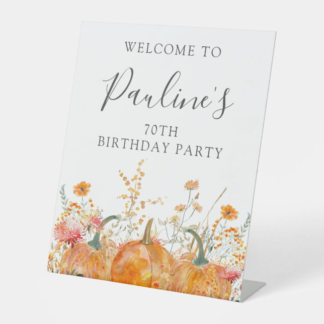 70th Birthday Party Pumpkin Wildflower Welcome Pedestal Sign (Front)