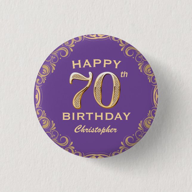 70th Birthday Party Purple and Gold Glitter Frame 3 Cm Round Badge (Front)