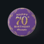 70th Birthday Party Purple and Gold Glitter Frame 3 Cm Round Badge<br><div class="desc">70th Birthday Party Purple and Gold Glitter Frame Button. For further customisation,  please click the "Customise it" button and use our design tool to modify this template.</div>