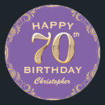 70th Birthday Party Purple and Gold Glitter Frame Classic Round Sticker<br><div class="desc">70th Birthday Party Purple and Gold Glitter Frame Sticker. For further customisation,  please click the "Customise it" button and use our design tool to modify this template.</div>