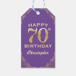 70th Birthday Party Purple and Gold Glitter Frame Gift Tags