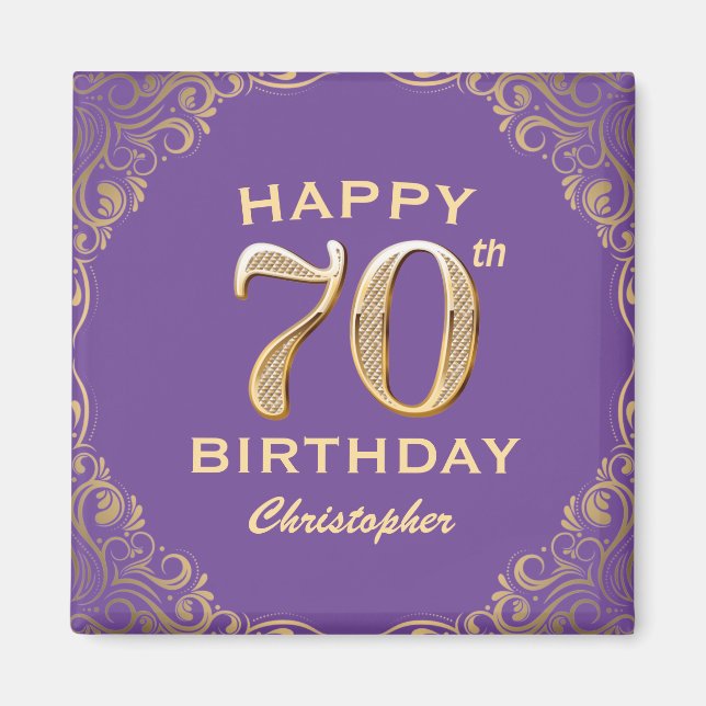 70th Birthday Party Purple and Gold Glitter Frame Magnet (Front)