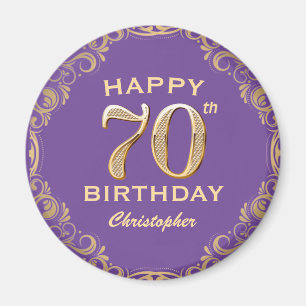 70th Birthday Party Purple and Gold Glitter Frame Magnet